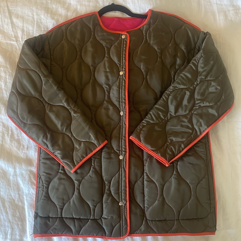 Never Fully Dressed Reversible Quilted Puffer Jacket - Olive/Hot Pink - Picture 3 of 6